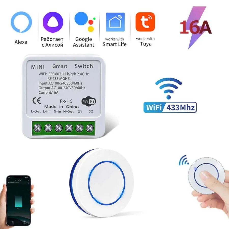 RF433 Circular Button Remote Control and RF433+WIFI Smart Switch Wireless Switch Smart Life APP Alexa Google Home Voice Control