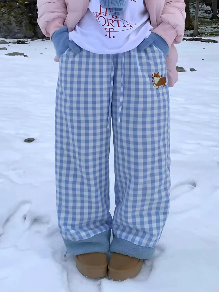 Winter Fleece Wide Leg Plaid Pants for Women Korean Cute Puppy Embroidery Loose Casual Pants Thick Warm Preppy Straight Trousers