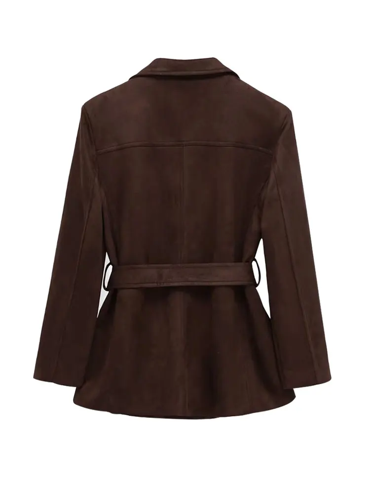 Women's Faux Suede Jacket Coat Long Sleeve Belted Chic Top with Front Button Female Outerwear Fashion