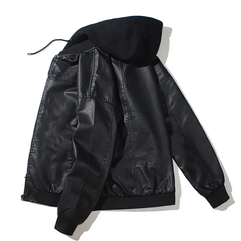 

Mens Hooded PU Leather Jacket Motorcycle Hooded Young Leather Plus Cotton Padded Coat Men