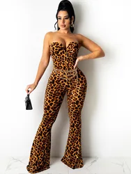 Mono Sexy sin mangas con estampado de leopardo para mujer, mono ajustado sin tirantes con cuello en V, traje elegante de Club nocturno, monos de una pieza