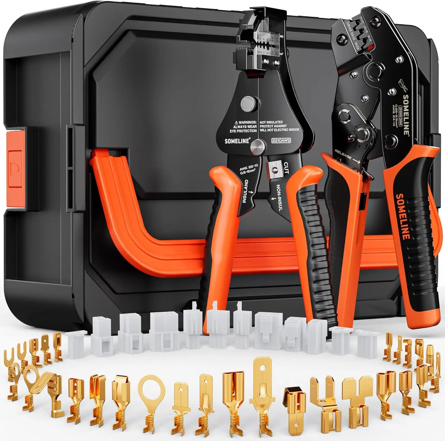 

Spade Connector Crimping Tool Kit 24-14 AWG 40 Types 2.8/4.8/6.3/7.8 mm Non-Insulated Spade Terminals and Terminal Housings Open
