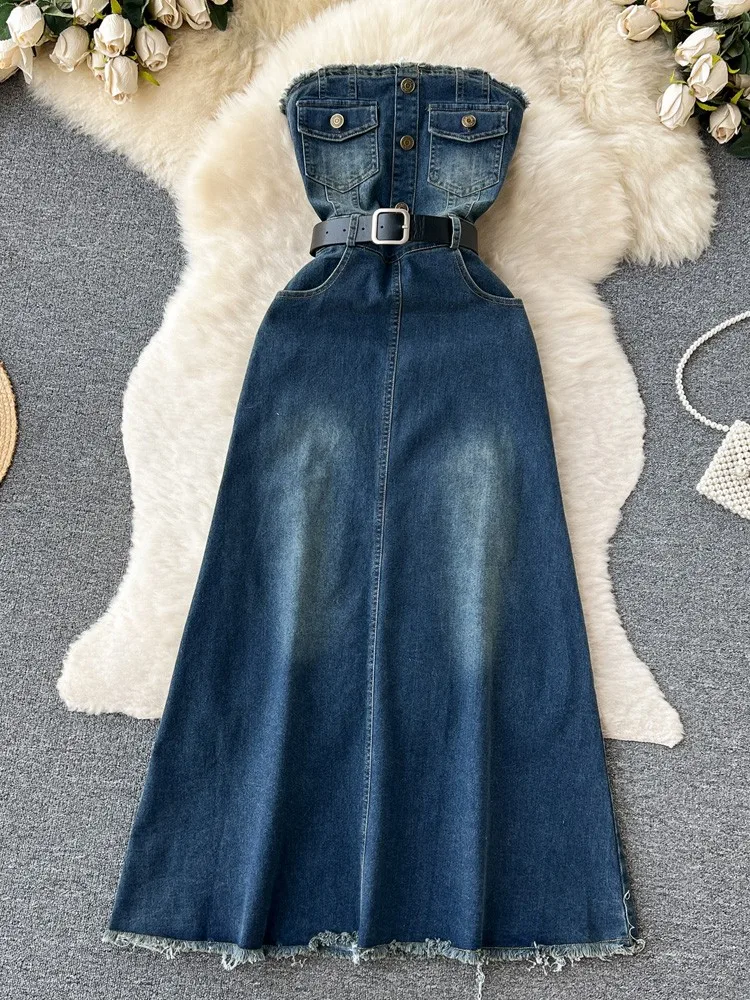 Lusumily 2024 Elegant Summer Long Sexy Denim Dress Women Jean Dress Lady Backless Party Dresses Belt Forking Vestido Rober