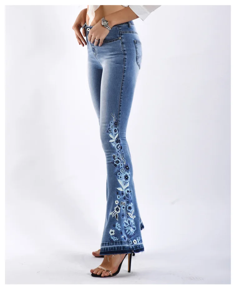 

TEELYNN Vintage Embroidery Flare Leg Jeans for Women Casual High Waist Blue Denim Pants Boho Slim Lady Jeans Summer 2023