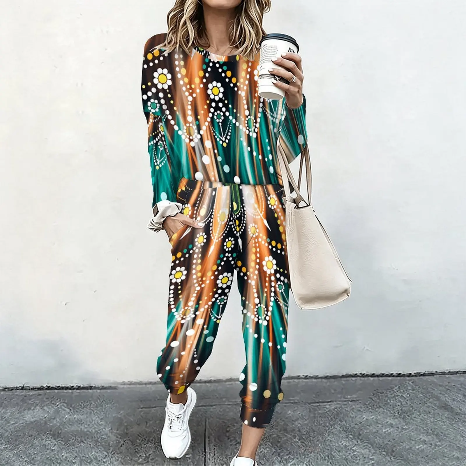 Women 2 Piece Tracksuit Set Print Long Sleeve Crew Neck Top And Jogger Pants Casual Streetwear Outfit With Pockets