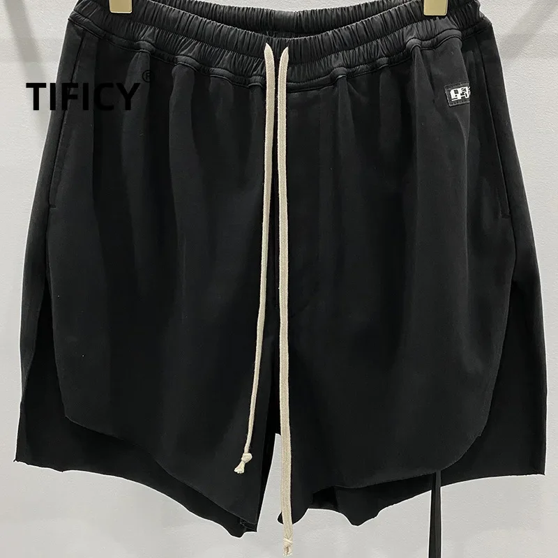 TIFICY High Street Cotton Elastic Waist Shorts Men's Dark Style Loose Oversized Slit Design with Large Crotch and Short Pants