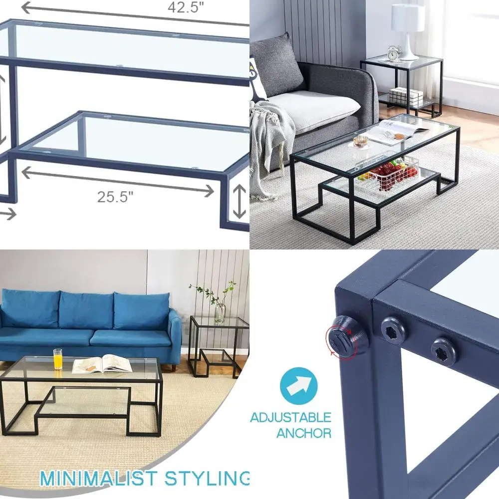 

Modern Metal Frame Glass Coffee Table with 2 Shelves - Stylish Living Room Centerpiece for Home, Bedroom, Dining, and Office