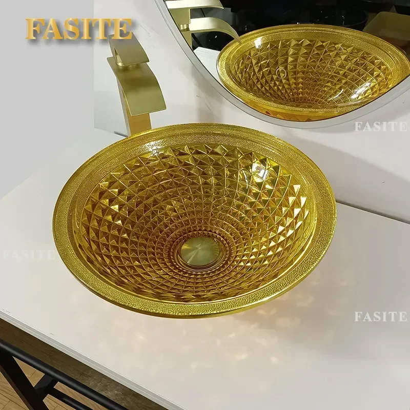 For Bathroom Golden Glass Washbasin Luxury Crystal Basin Modern Vanity Sink Durable Elegant Home Hotel Decor