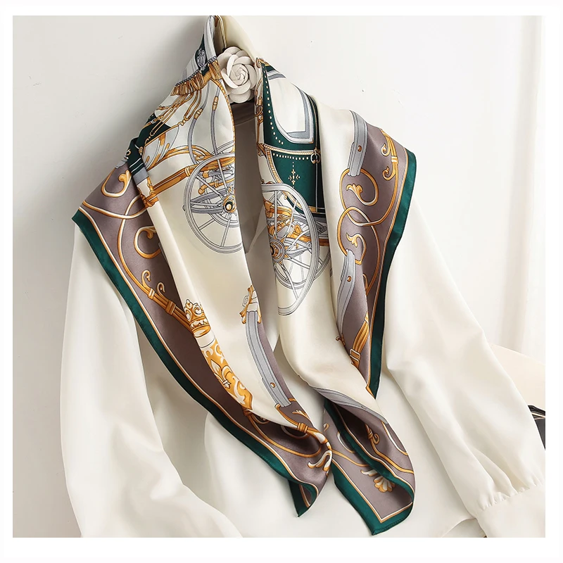 90*90cm Women Square Silk Scarf Luxury Brand Large Shawl Neckerchief Print Headband Female Foulard Bandana Wraps Hijab Scarves