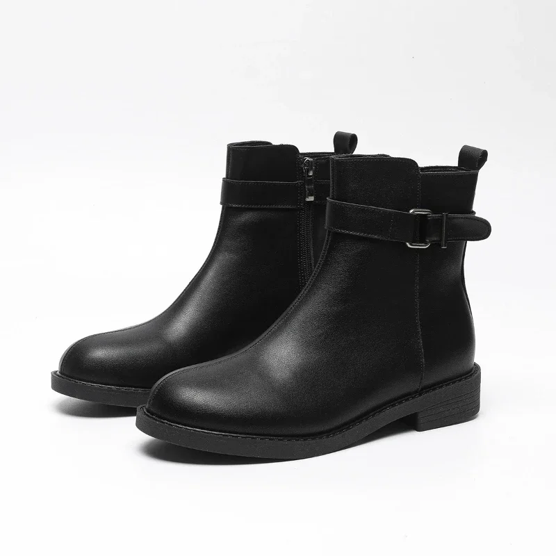 

Модные женские ботильоны с пряжкой на ремне, ботинки на платформе с круглым носком из мягкой кожи с боковой молнией, нескользящие брендовые дизайнерские туфли на плоской подошве