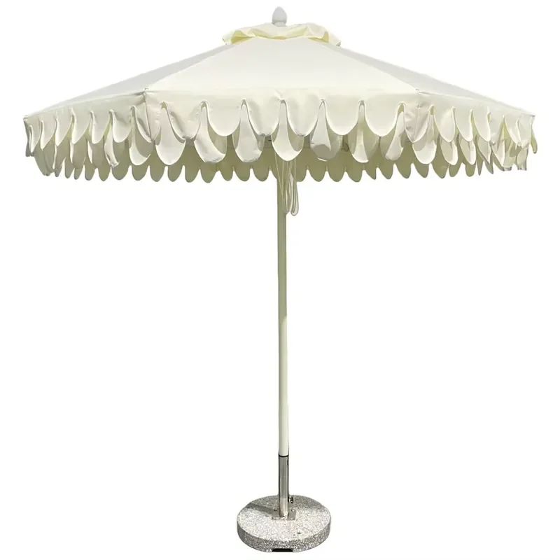 9ft White Octagonal Market Umbrella with Scalloped Edge and Tassels Decorative Patio Parasol for Outdoor Garden Terrace Shade