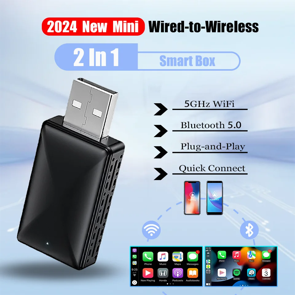 2024 New Apple CarPlay and Android 2In1 Car Mini Box Wireless CarPlay Adapter USB / Type C connector Plug & Play Quick Connect