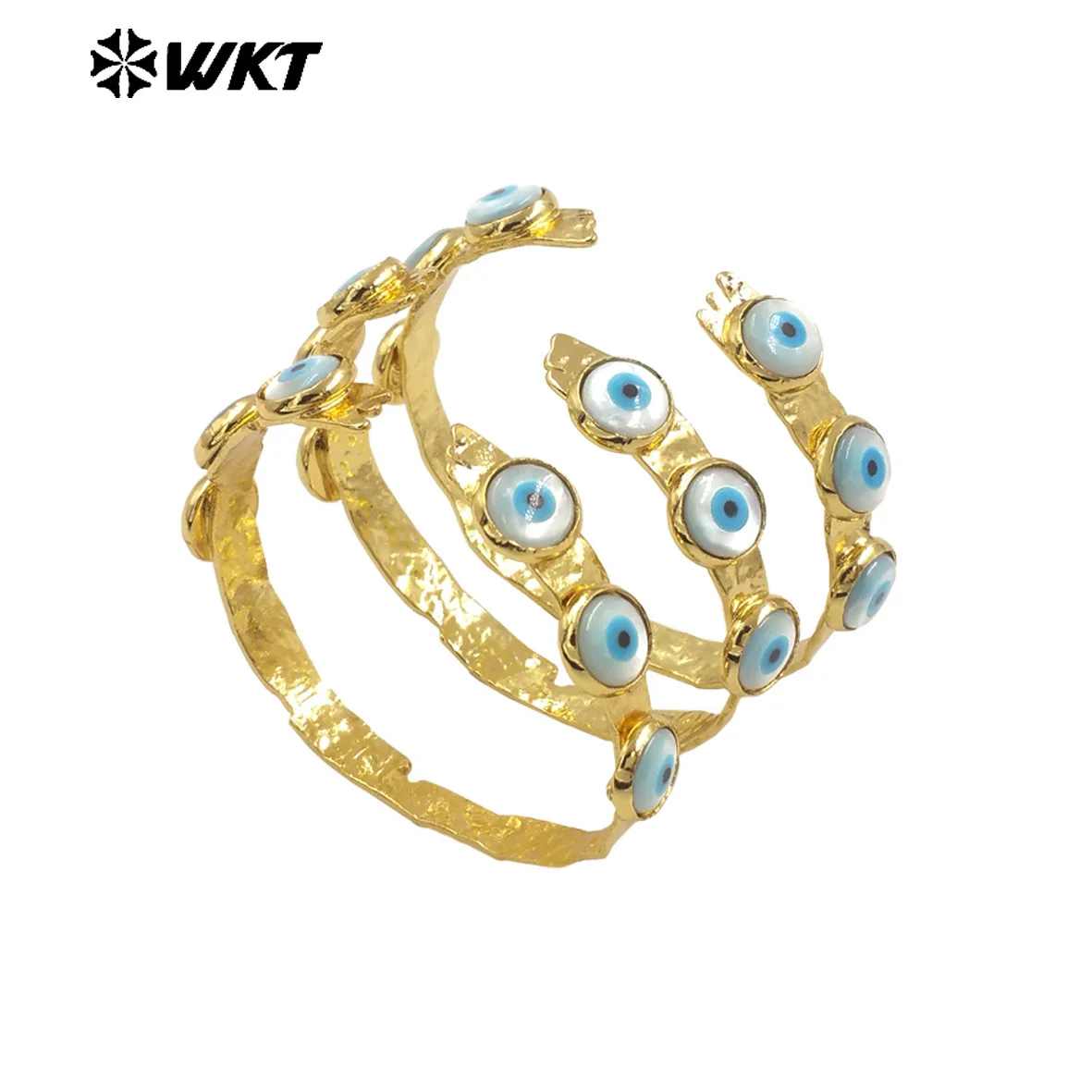 WT-MPB112 Special Lovely Three Devil Eyes Shell Charms Cuff Yellow Brass Bangle For Girls Children Birthday Party Gifts