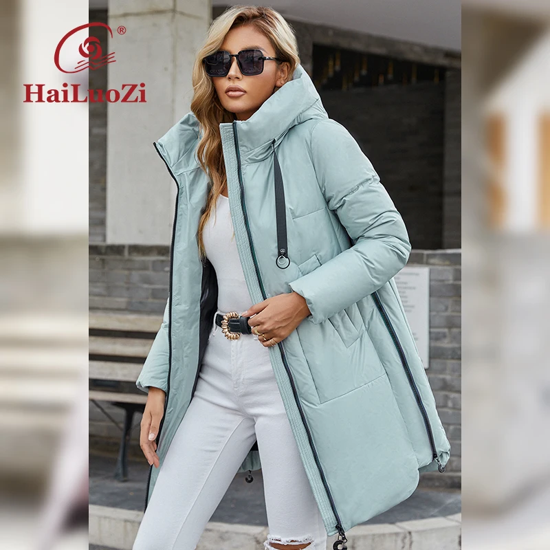 HaiLuoZi-abrigo largo y grueso con cremallera lateral para mujer, chaqueta con capucha de alta calidad, de algodón bio-algodón, Parka de longitud