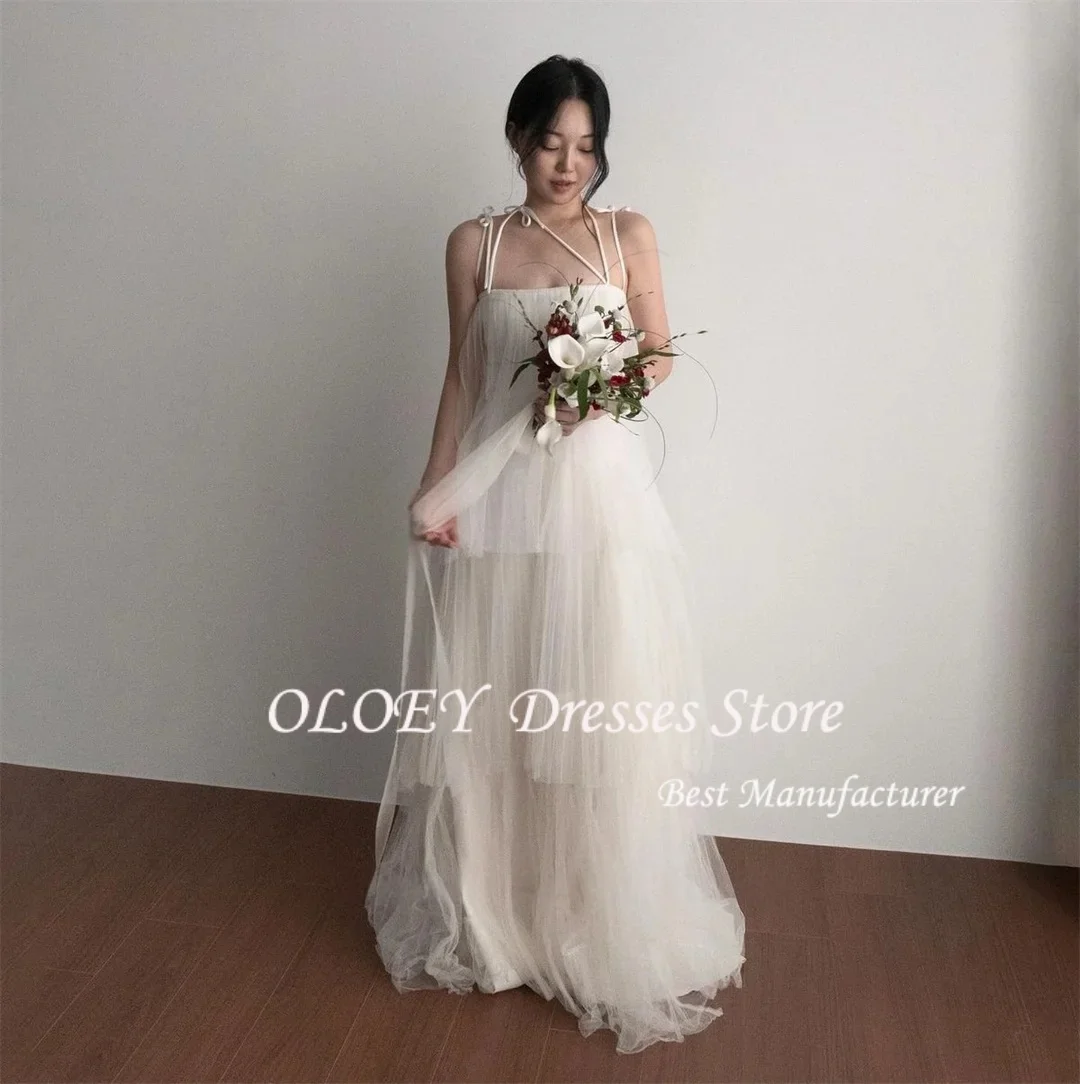 

OLOEY Customized Wedding Dresses Sleeveless Ivory Spaghetti Straps Korea Tulle Tiered Brides Gowns Women Bridal Dresses