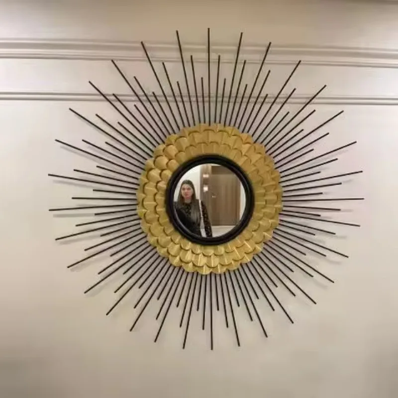100CM Factory Good Price Sun Living Room Background Gold Frame Round Metal Art Home Decor Wall Hanging Mirror