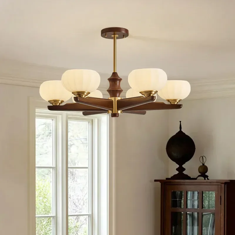 Living Room All Copper Solid Wood Main Hanging Lamps Medium Ancient Style Advanced Sense Eye Protection Led Lights Chandeliers