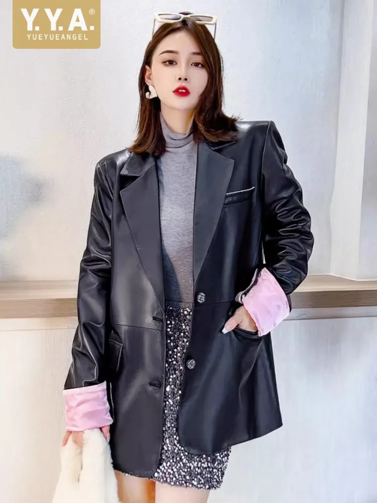 Spring Elegant Office Ladies Genuine Leather Suit Jacket New Middle Long Single Breasted Design Blazers Women Sheepskin Coat