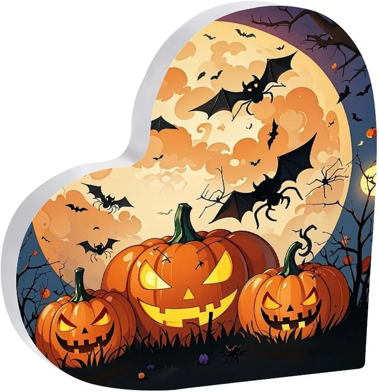 Jack‑O‑Lantern Full Moon Heart‑Shaped Acrylic Plaque, Halloween Fall Desktop Tabletop Decor