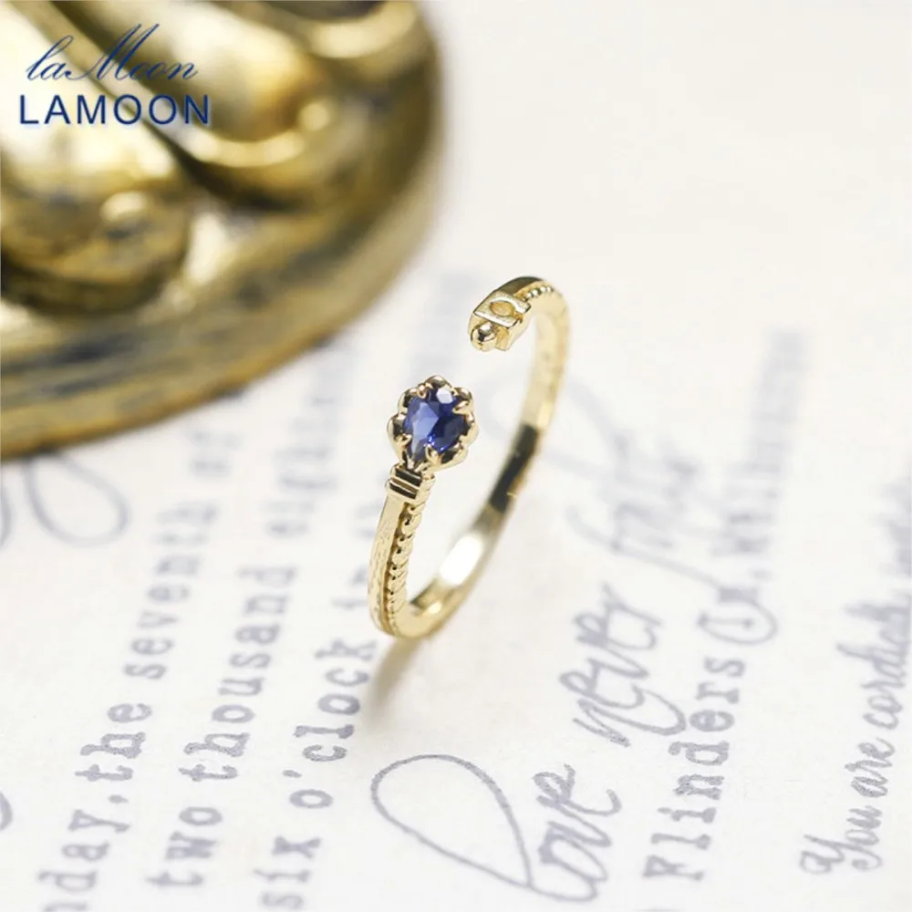 

LAMOON Natural Blue Corundum Gemstone Open Ring For Women Simple adjustable 925 Sterling Silver Gold Plated Fine Jewelry Gift
