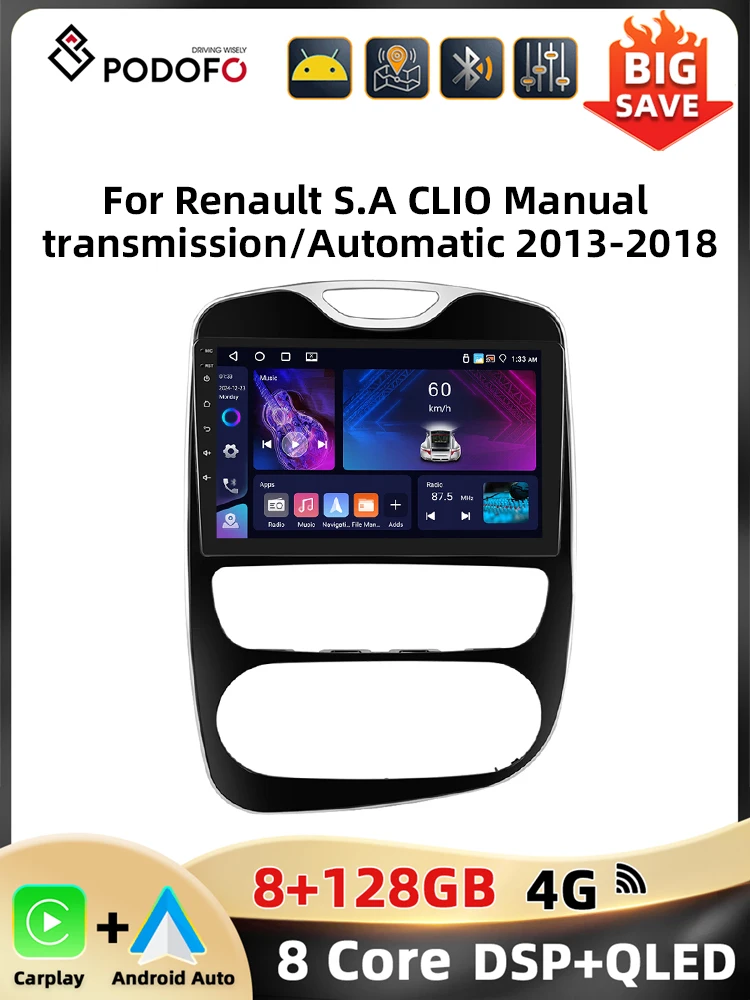 Podofo 10.1 ''2din Autoradio Voor Renault S.a Clio Handgeschakelde Versnellingsbak/Automatische 2013-2018 Carplay Android Auto Gps Wifi 4G Dsp - afbeelding 2