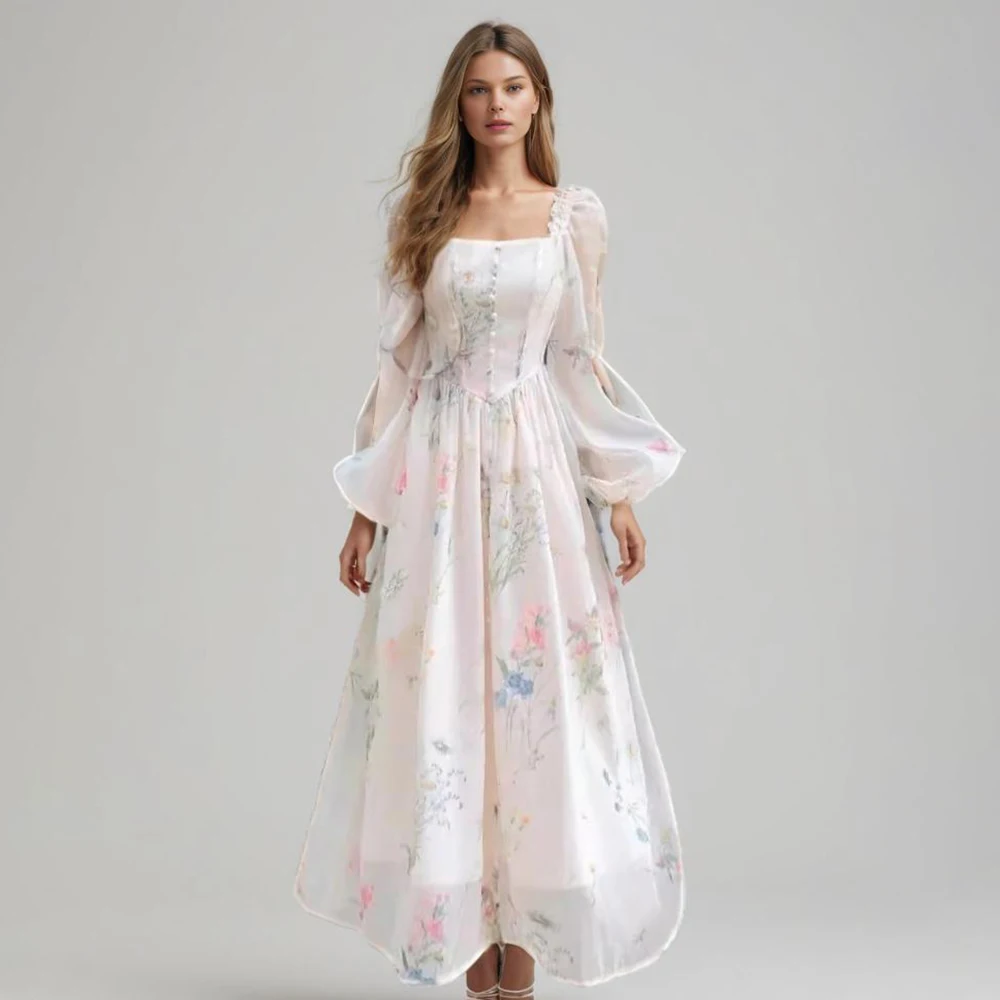 

Hit Color Printing Elegant Dresses For Women Round Neck Long Sleeve High Waist Single Breasted Slimming Dress Female Fashion