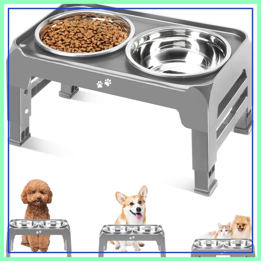 

3 Height Adjustable Raised Dog Bowls for Small Medium Dogs, Non-Slip Stand with 2 Stainless Steel Bowls, 2.75", 6", 7.5"