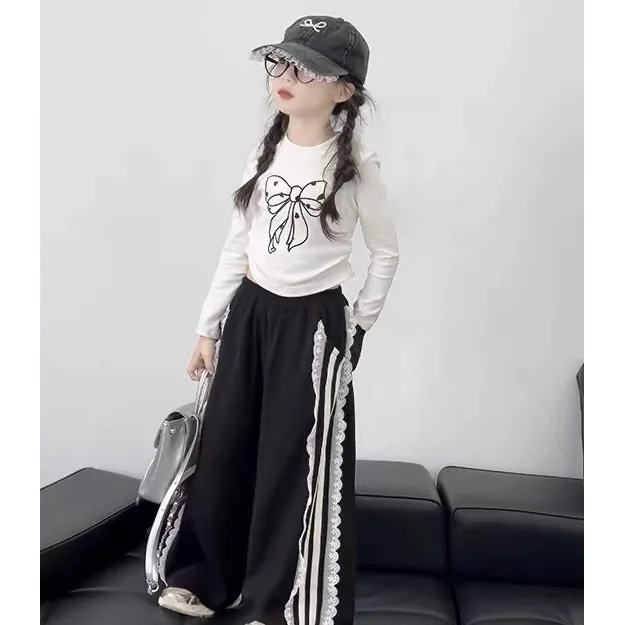 Spring Children Girls Long Sleeve Tees Outfit Bow Printed Undershirt Suit Kids Girls Side Striped Wide Leg Pant 2PCS Clothes Set