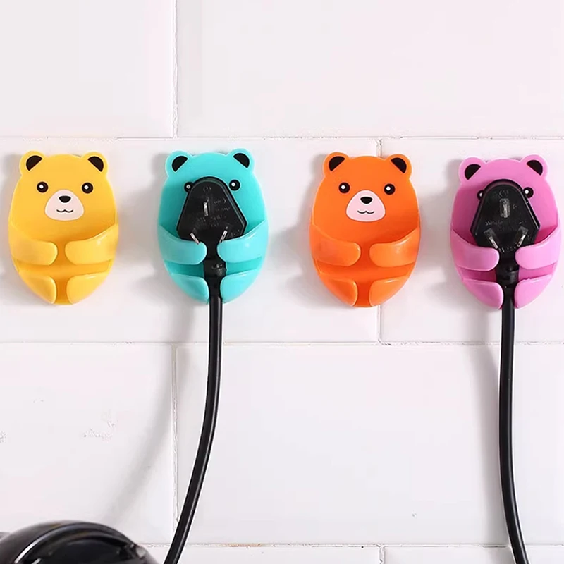 4Pcs Wall Storage Hook Bear Plug Bracket Punch-free Power Plugs Socket Holder Kitchen Stealth Hook Wall Adhesive Hanger Bathroom