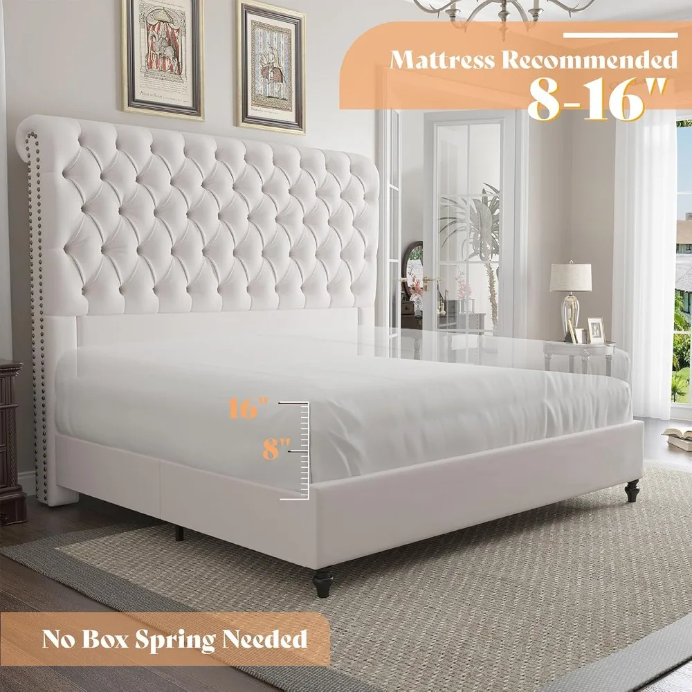 AMERLIFE Estrutura de cama queen size com cabeceira traseira de 60" de altura, plataforma estofada em veludo, design de trenó capitoné com botões, sem caixa