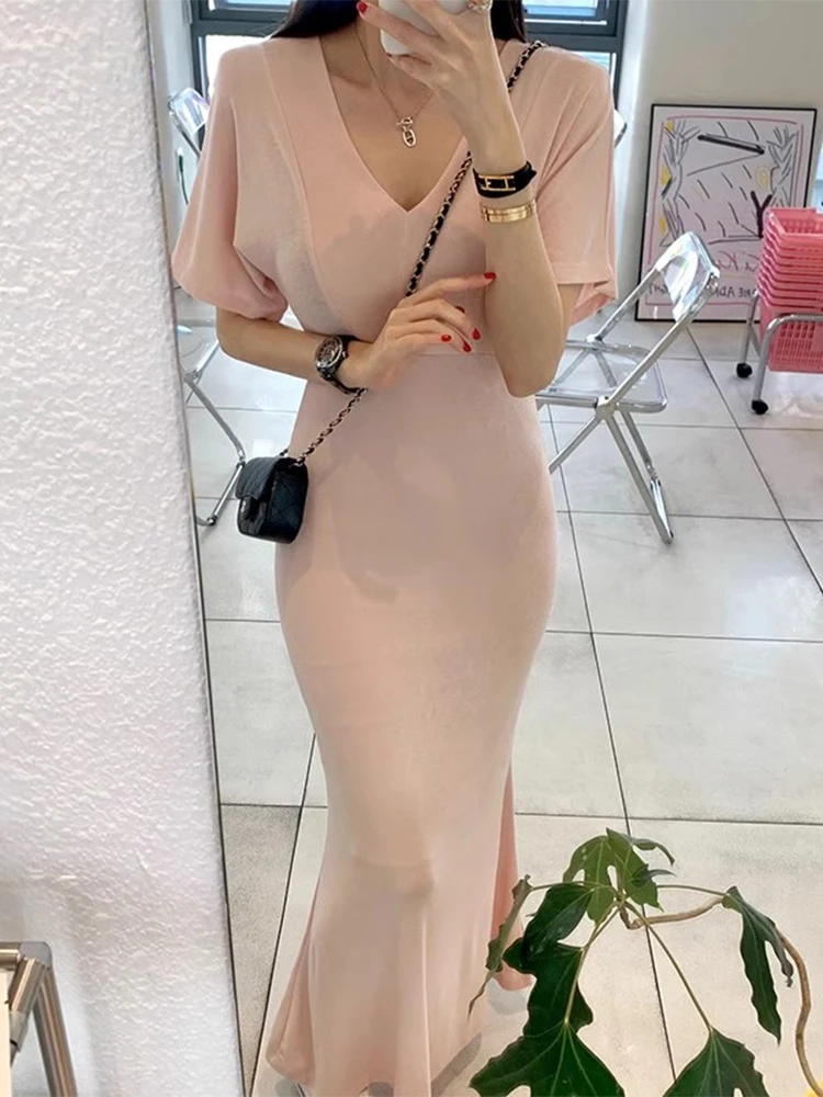 エレガントな夏の新スタイル V ネック痩身膝丈半袖フィッシュテールドレス女性のファッション通勤コットンドレス