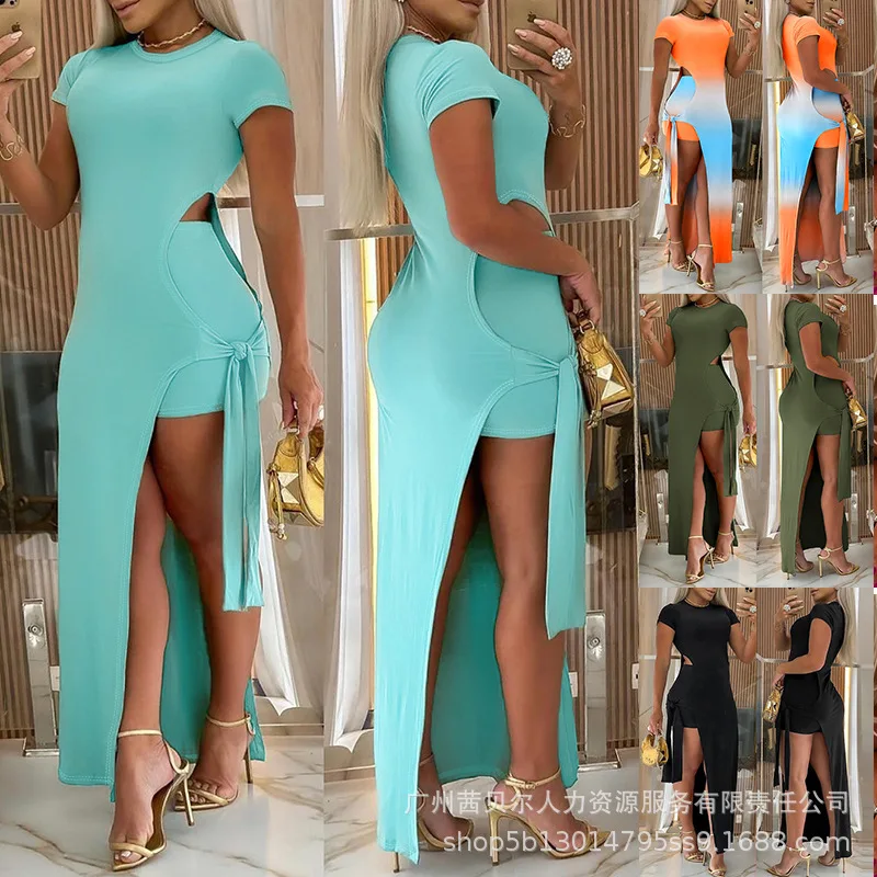

Women's Green Short-sleeved Long Side High Split Strap Top Set Shorts Spring and Summer Fashion New 2024