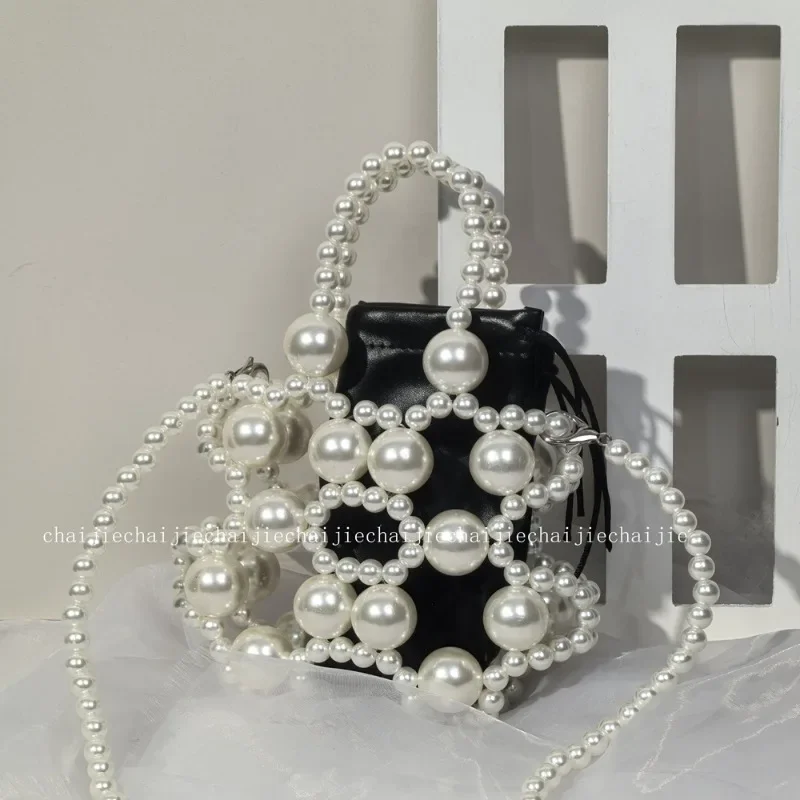 

New Fashion Shoulder Women's Bags 2025 Handmade Beaded Drawstring Retro Pearl Beaded Crossbody Bag Banquet Party Compact Handbag