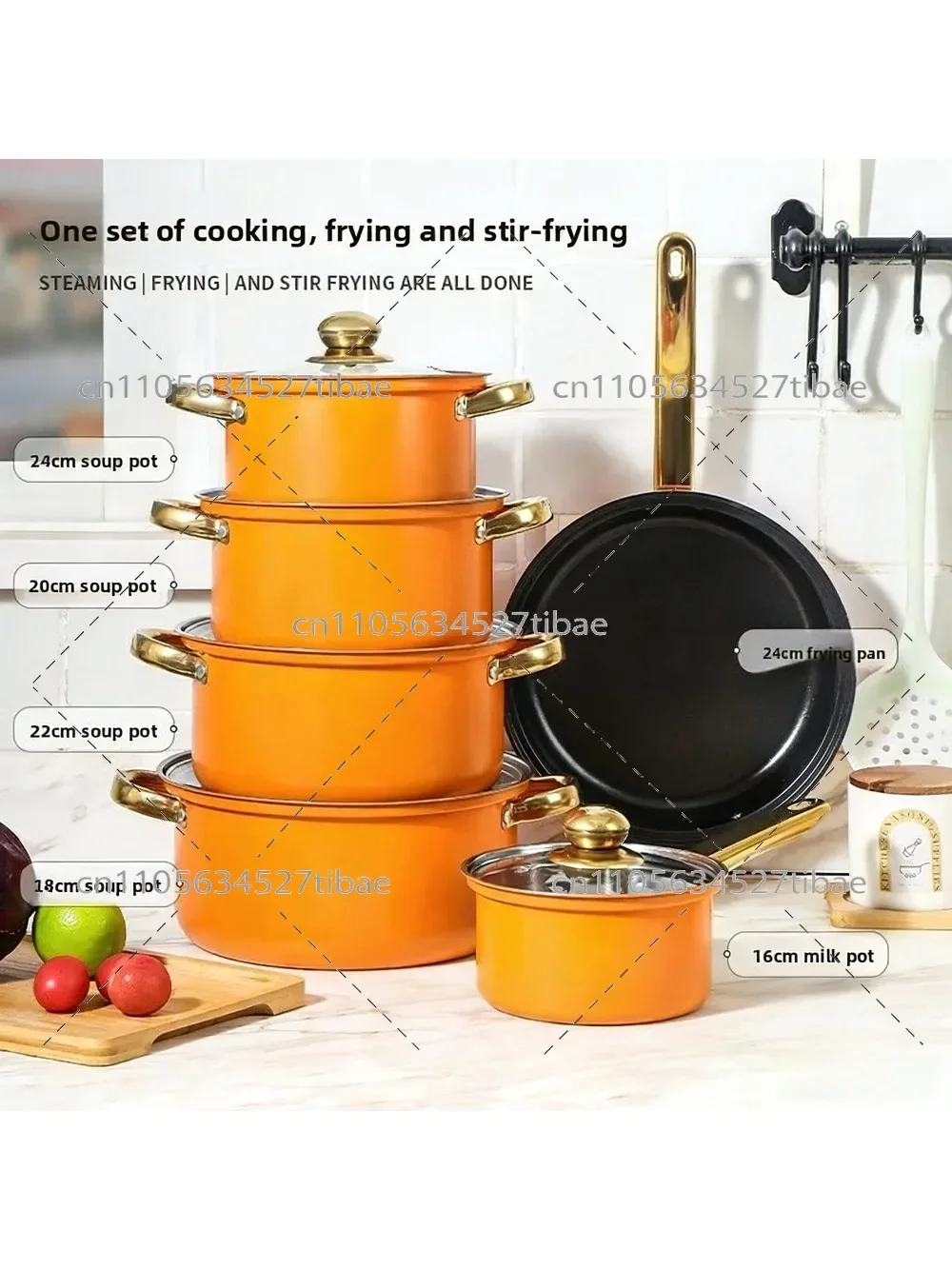 12-Piece Stainless Steel Pot Set with Non-Stick Soup Pot Frying Pan And Milk Pot Featuring Gold-Plated Handles
