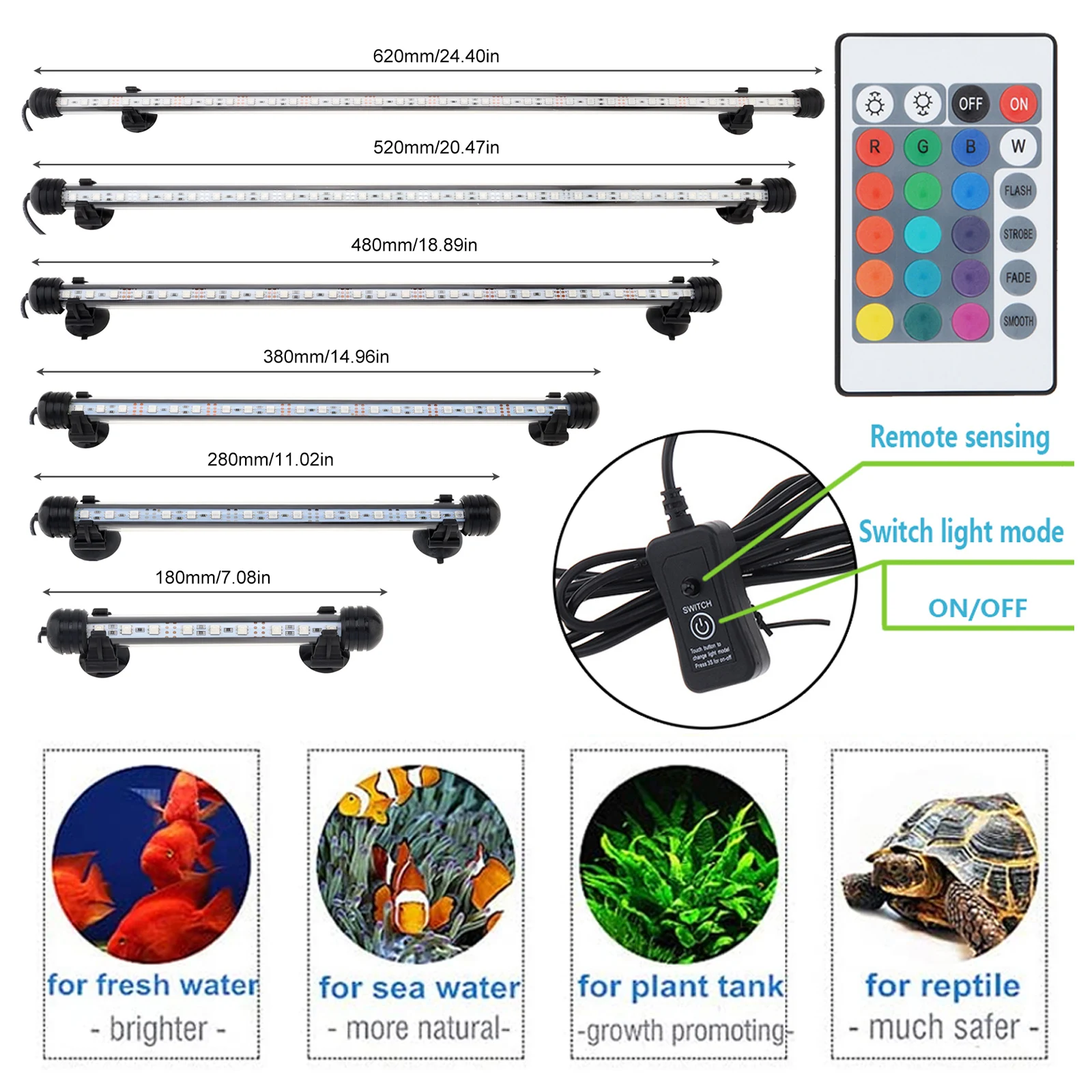 18-62CM Aquarium Fish Tank LED Light 5050 SMD RGB Submersible Waterproof Strip Light with Remote Control