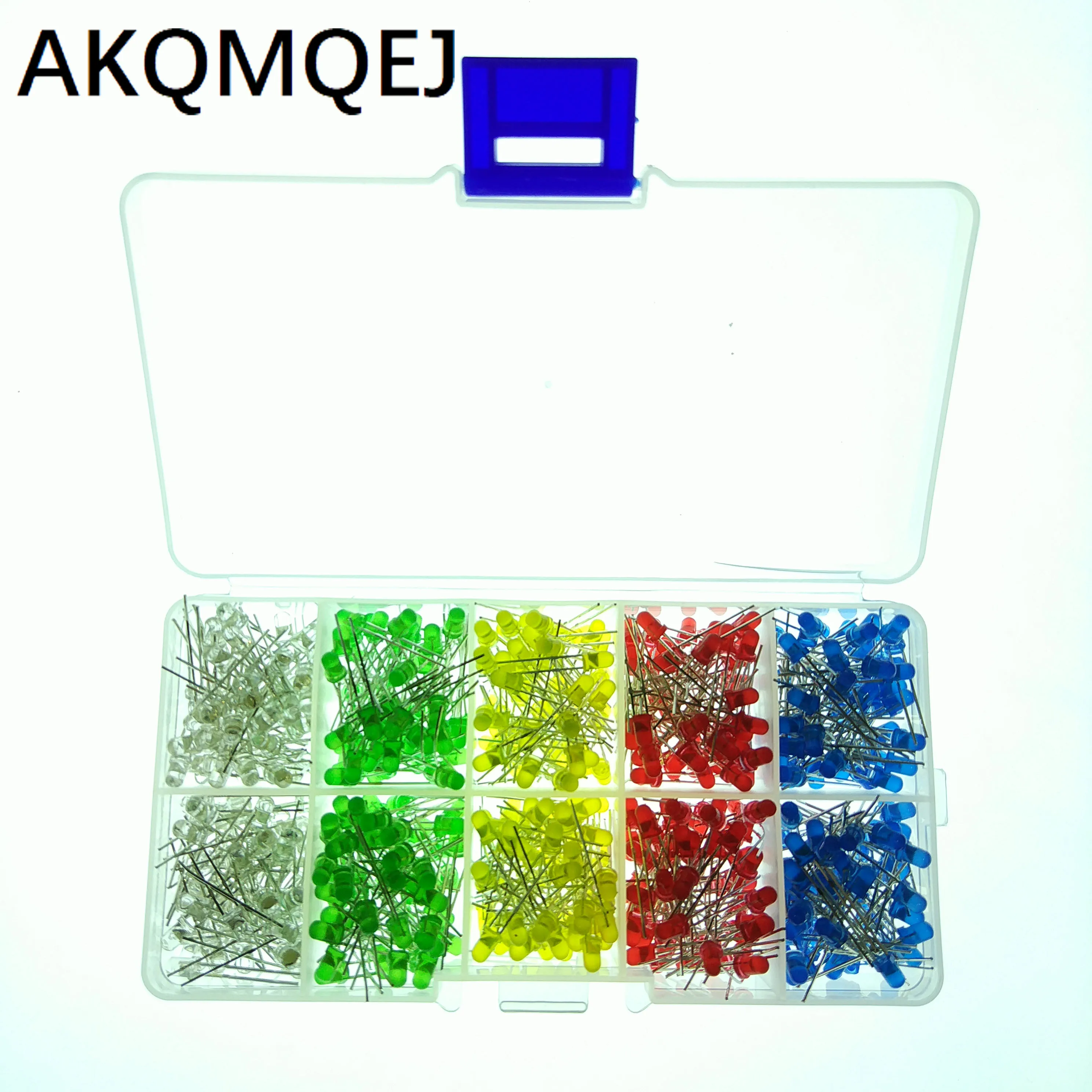 LED sample box 3MM red, yellow, blue, green, and white with 50 pieces each, 500pcs straight in lamp beads, short pins