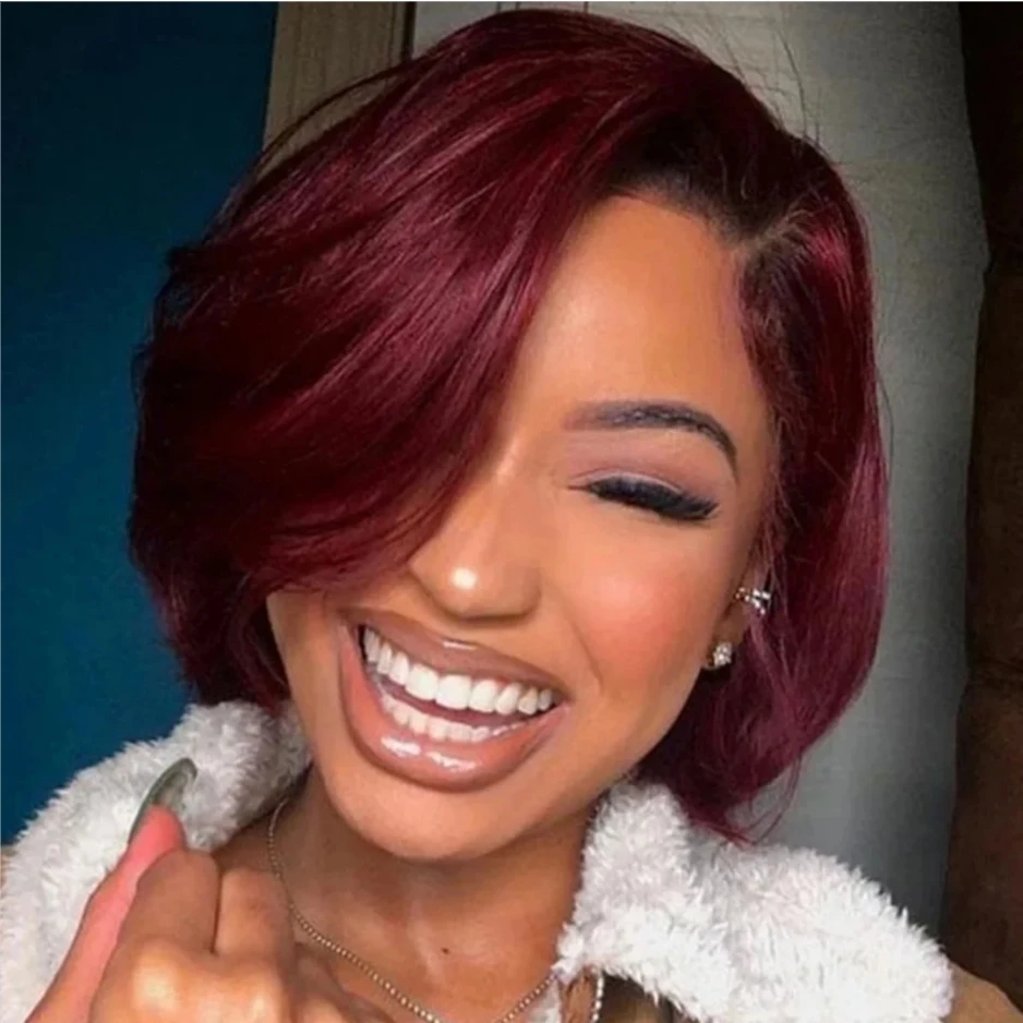

13x4 Transparent Lace Front Wigs For Women 99J Highlight Colors Straight Pixie Cut Wigs Short Bob Human Hair Wigs