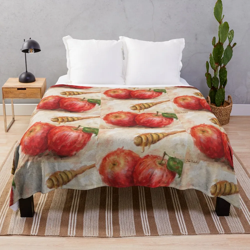 Loose and Artistic Painting of 2 Red Apples with a Honey Dipper Throw Blanket Soft Beds Giant Sofa Blankets