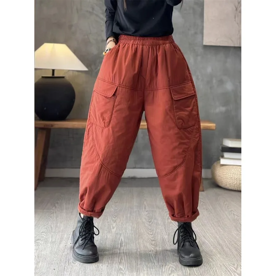 고급 여성용 겨울 면바지 신축성 있는 허리밴드 다용도 레트로 캐주얼 하란 팬츠 루즈핏 따뜻한 바지