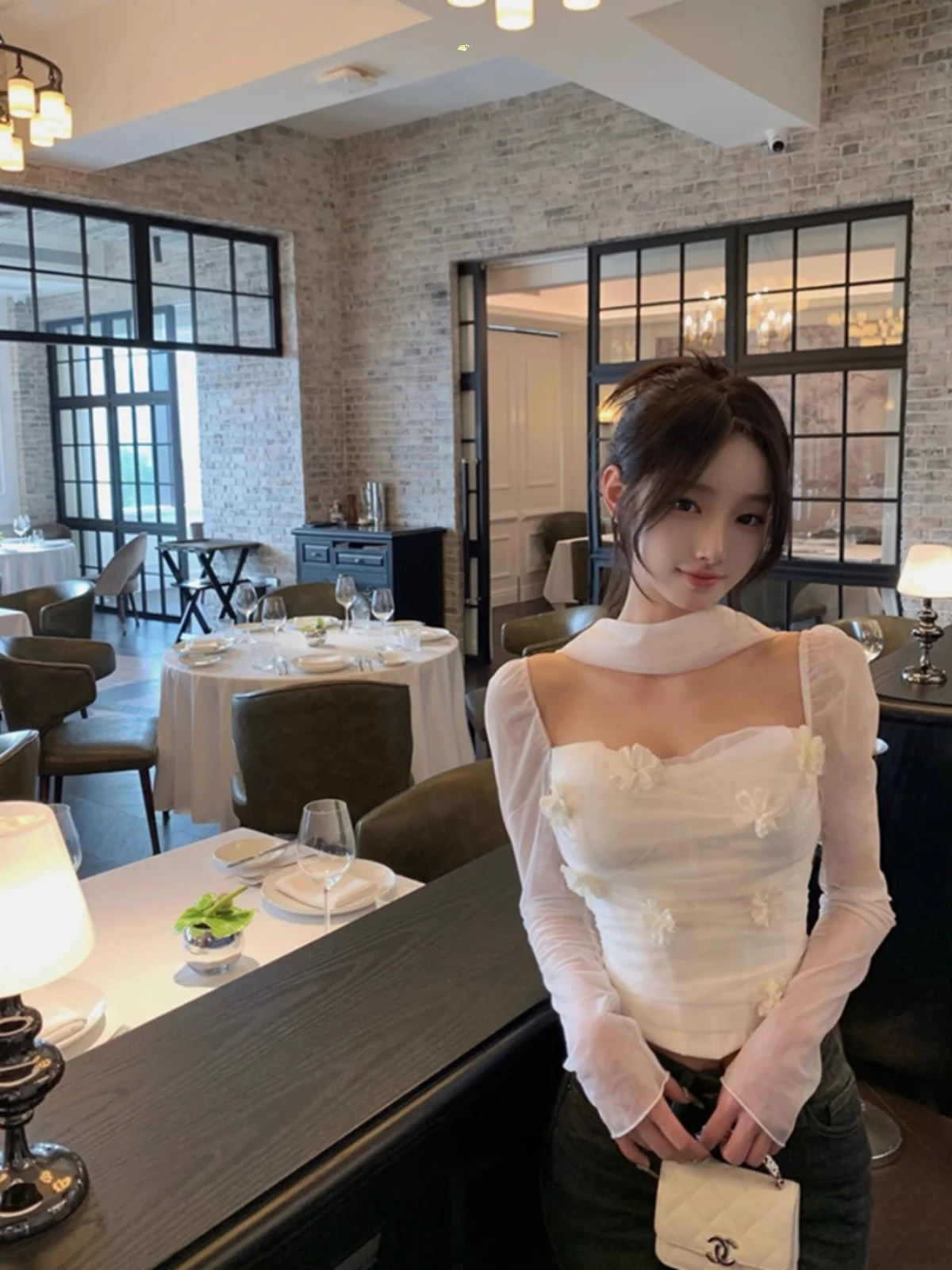 Good Morning Top da donna in pizzo foderato in pelliccia sintetica con design in fibra staccabile Fiori 3D Caldo dolce Sle Or Sve