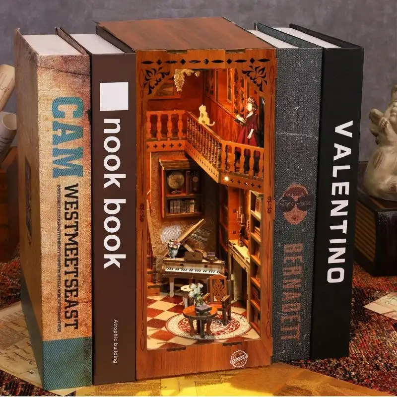 DIY Book Nook Kit Miniatur Puppenhaus Retro Bibliothek Bücherregal Einsatz Holzmodell Lernspielzeug Geschenk für Erwachsene