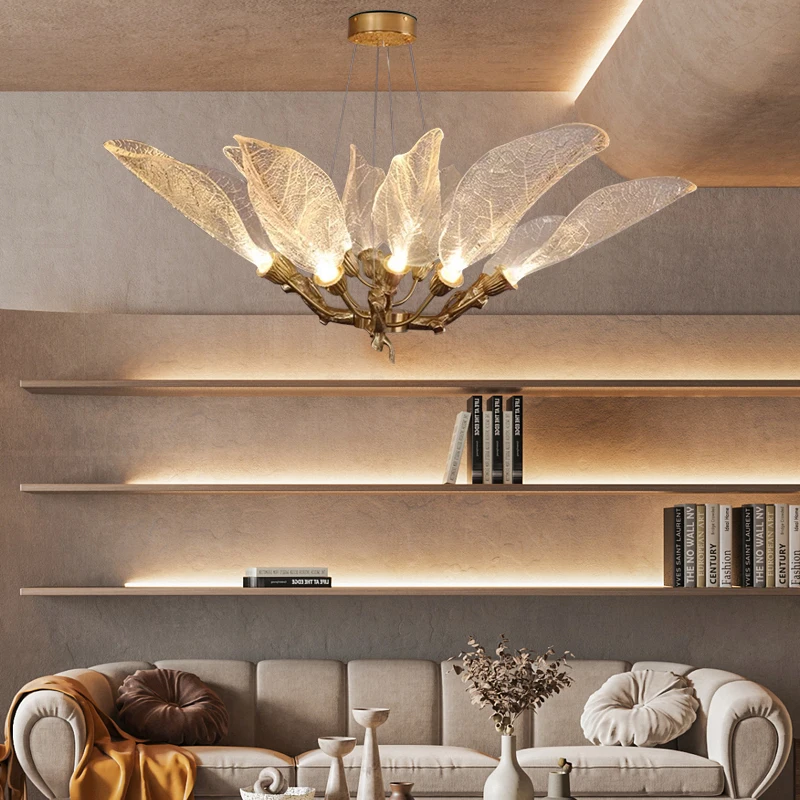 Luxury Villa Copper Branch Chandelier Dining Room Living Room Lobby Designer Art Resin Leaf Pendant Lamp Chandelier High Ceiling