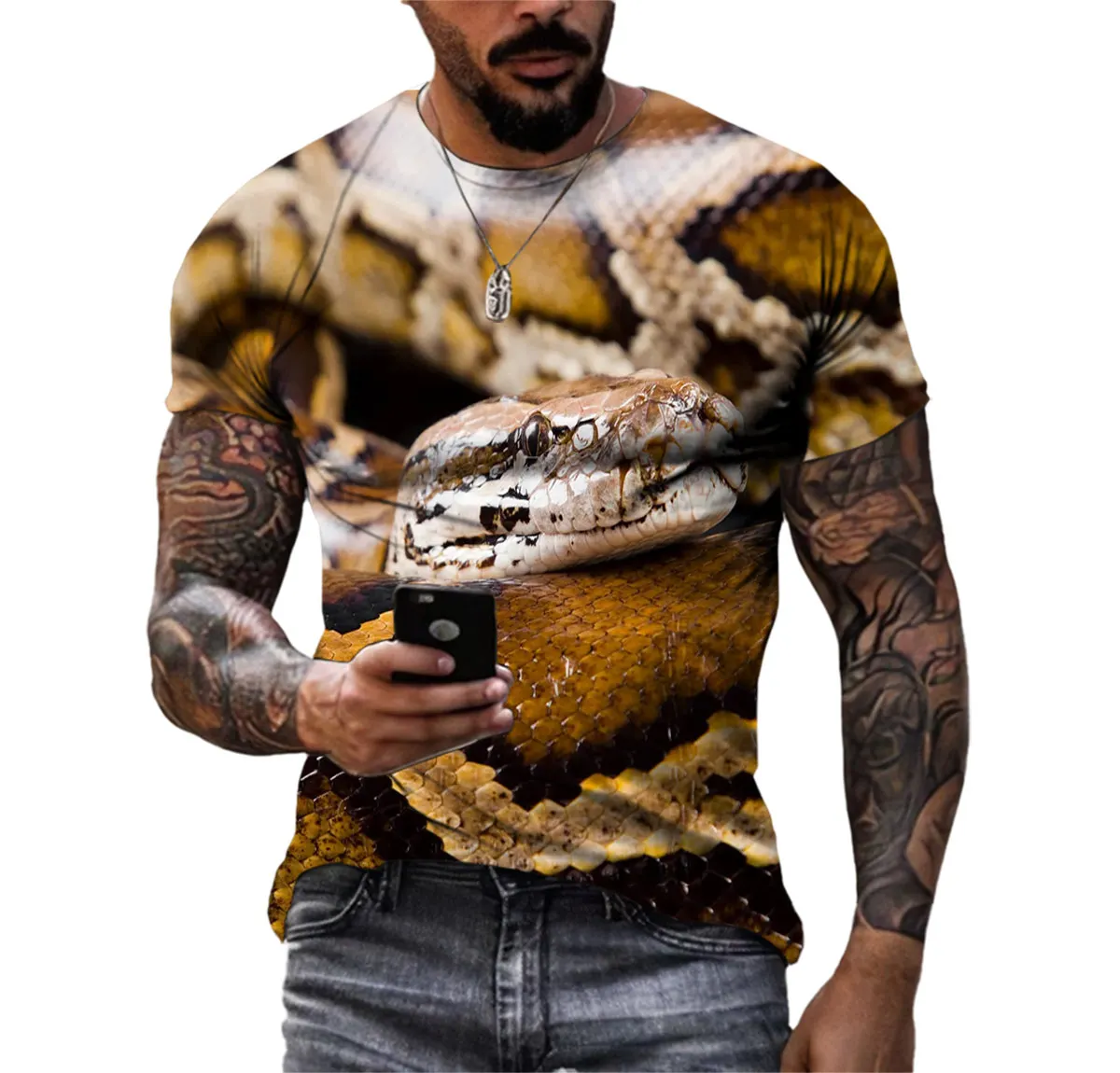 Summer Quick-drying Men\'s T-shirt Animal Python Pattern 3d Printed Hip Hop Alternative Personality Crewneck Loose Short Sleeve