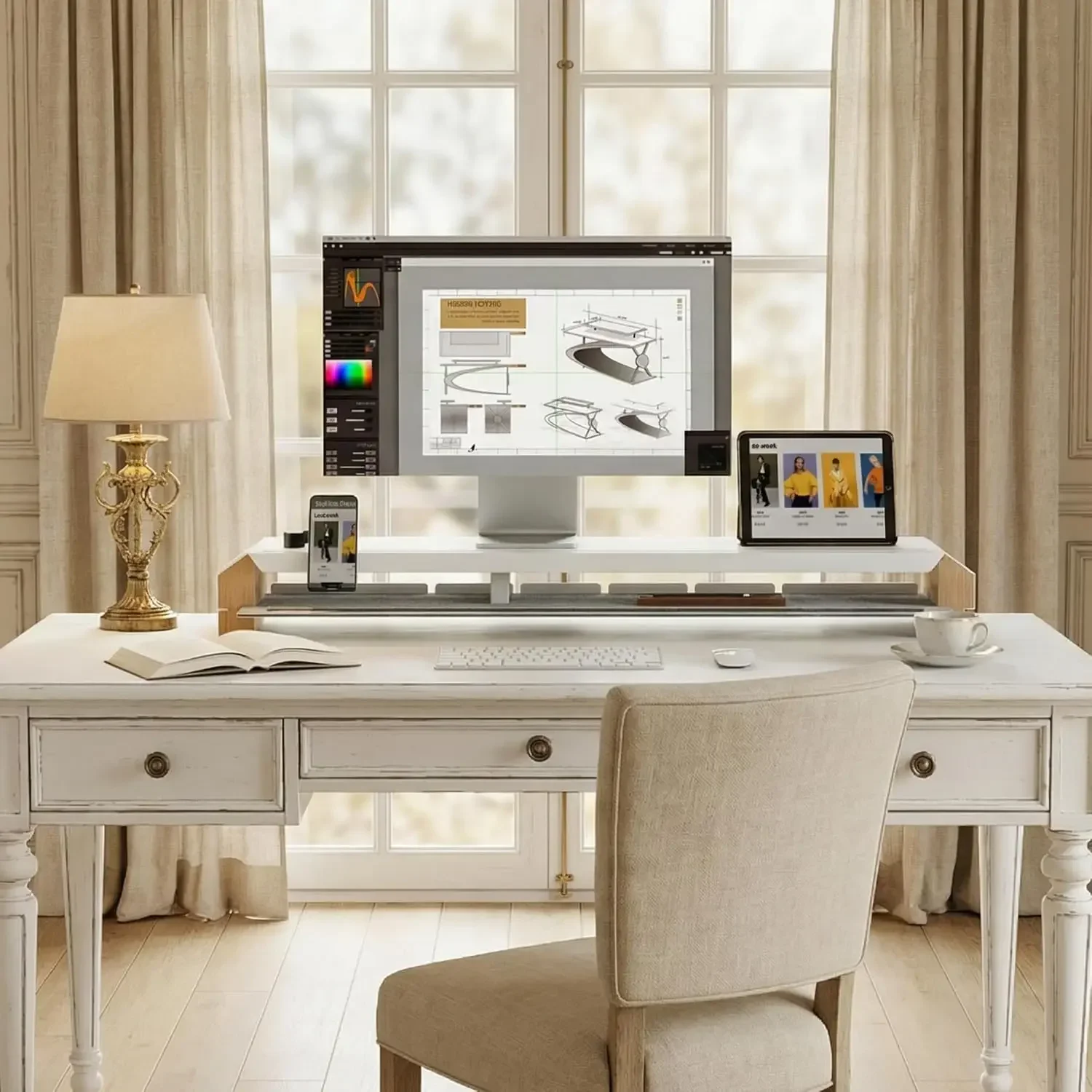 Monitor Stand for Desk, 39 Inch Dual Monitor Riser for 2 Monitors, Solid Wood Desk Shelf with Cable Management, 2 Tier Computer