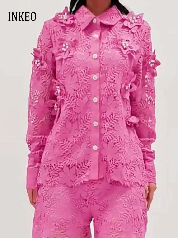 

High quality Women's Lace hollow out blouse Rose red Luxury Floral embroidery shirt 2025 Beach Solid buttons tops INKEO 4T186