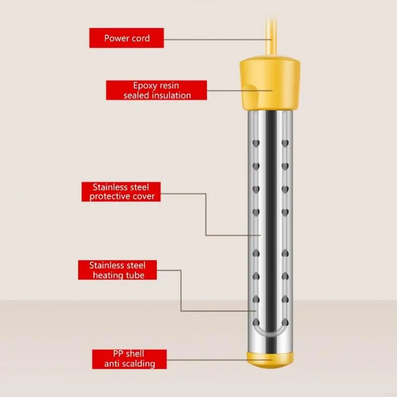 1500W Bucket Immersions Heater Safe Stainless Steel Texture Fast Heating Rod Quick Heating Rod High Power Heating