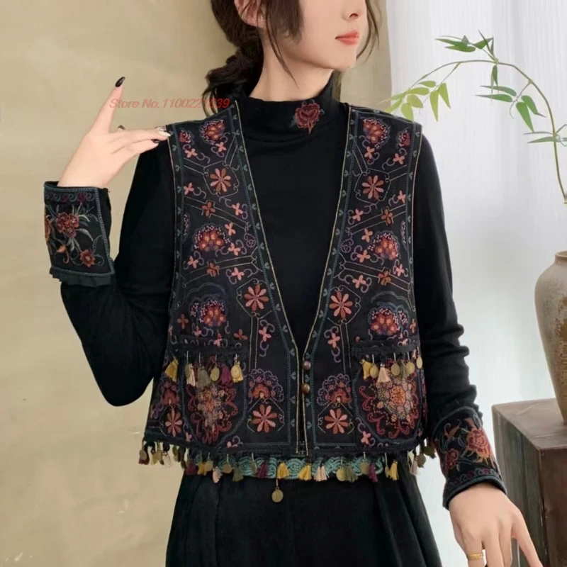 

2025 chinese vintage vest satin jacquard folk vest national flower embroidery v-neck vest sleeveless jacket retro hanfu tops