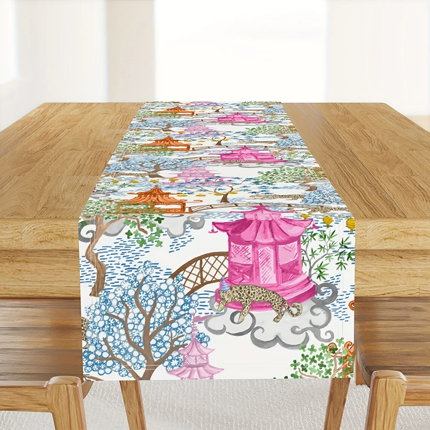 1pc Chinese Style Table Runner, Pagoda Forest Pagoda Leopard Pink And Rust Color Tablecloth