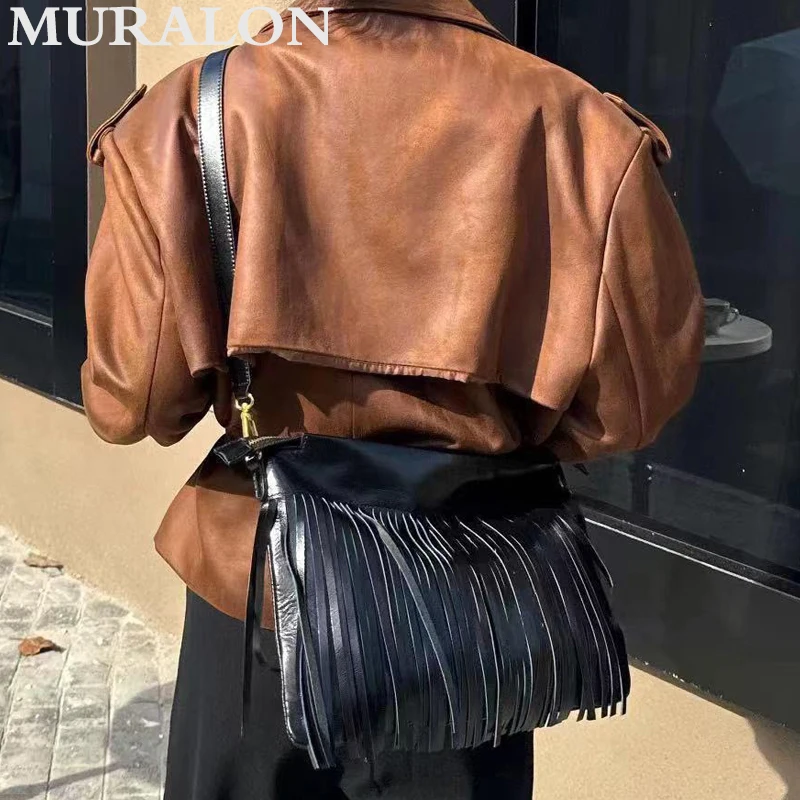 Vintage Tassel Bag Fashion Simple Niche Design 2024 New Genuine Leather All-match Shoulder Crossbody Bag Tote Hobo Underarm Bag