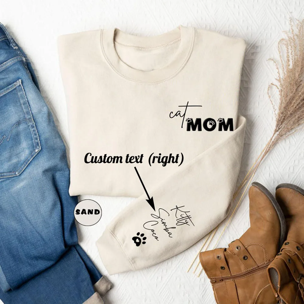 Personalized Cat Mom Sweatshirt Custom Pet Name Text On Sleeve Soft Round Neck Sweater Unique Cat Lover Gift For Mom Fur Mama